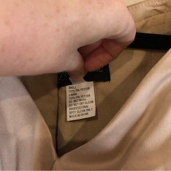 NWOT La Femme Off the Shoulder Beaded Satin Trumpet Gown in Champagne - Picture 9 of 11